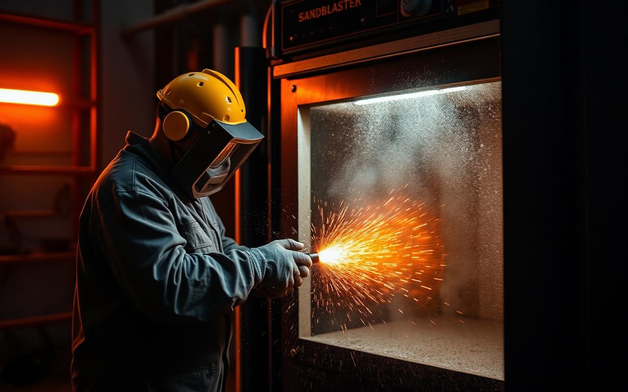 Cabine de sablage en cours d'utilisation pour décapage de pièces métalliques
