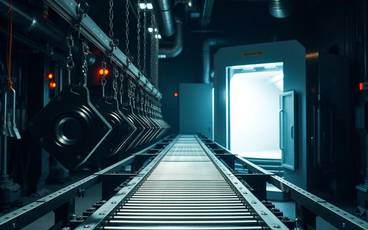 Convoyeur du four de cuisson dans l'atelier de thermolaquage INDUSBAT à Anglet