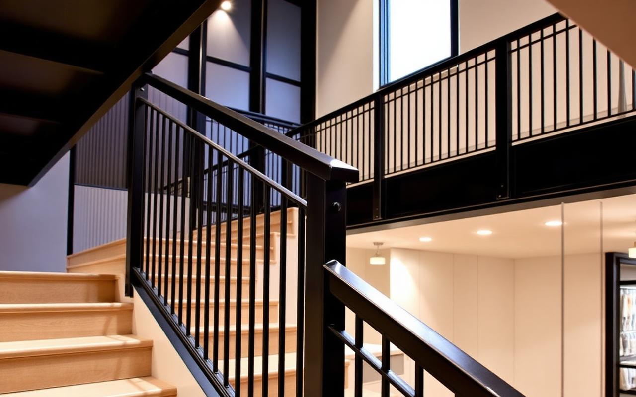 Garde-corps métallique noir thermolaqué installé en intérieur