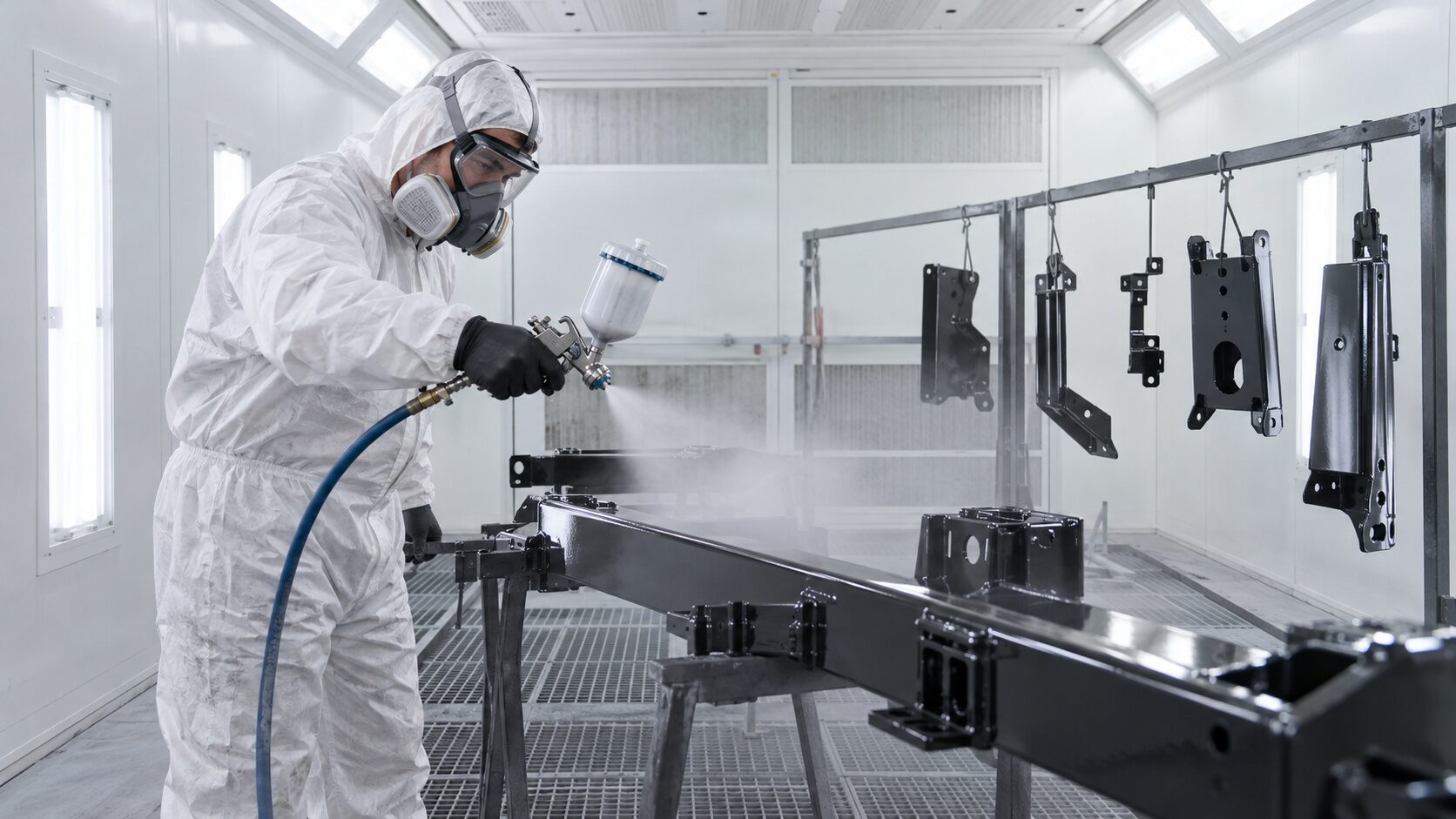 Châssis aluminium en cours de peinture liquide industrielle